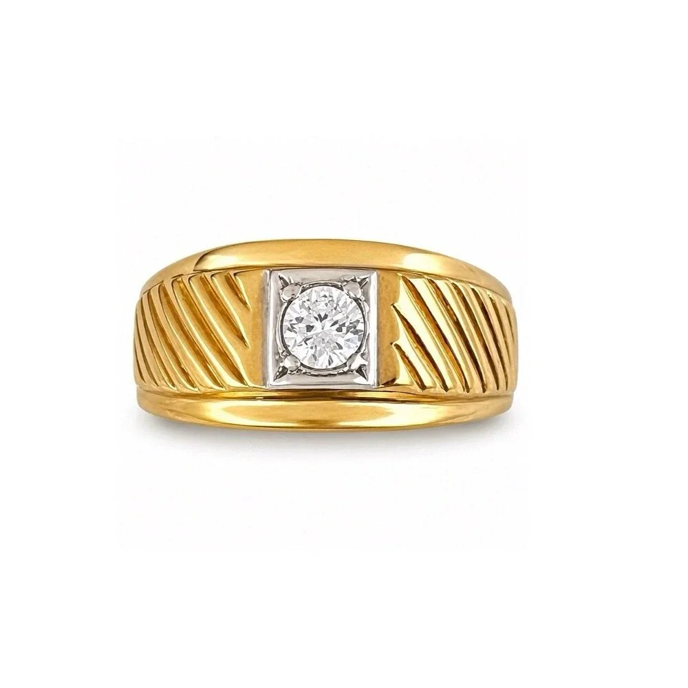 Vintage 1970s Solitaire Ring Size 10 CZ Textured 18KT Gold Plated Band - 14O